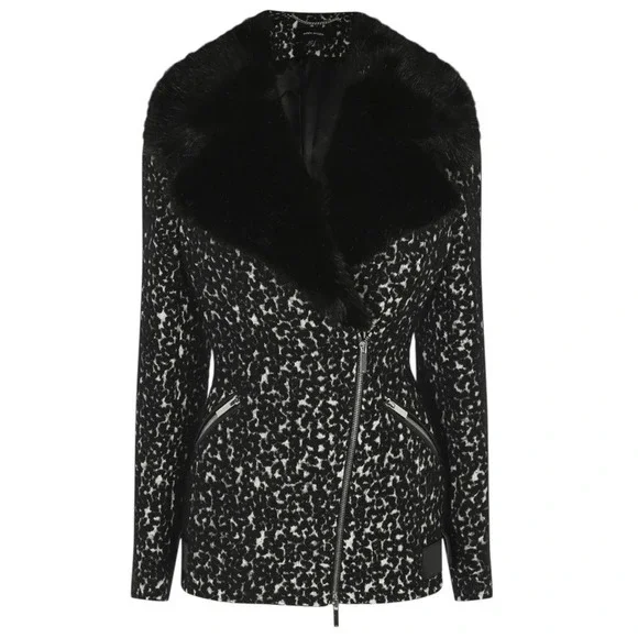 Karen Millen Leopard Print Faux Fur Collar Moto Jacket Women Black White Size 10